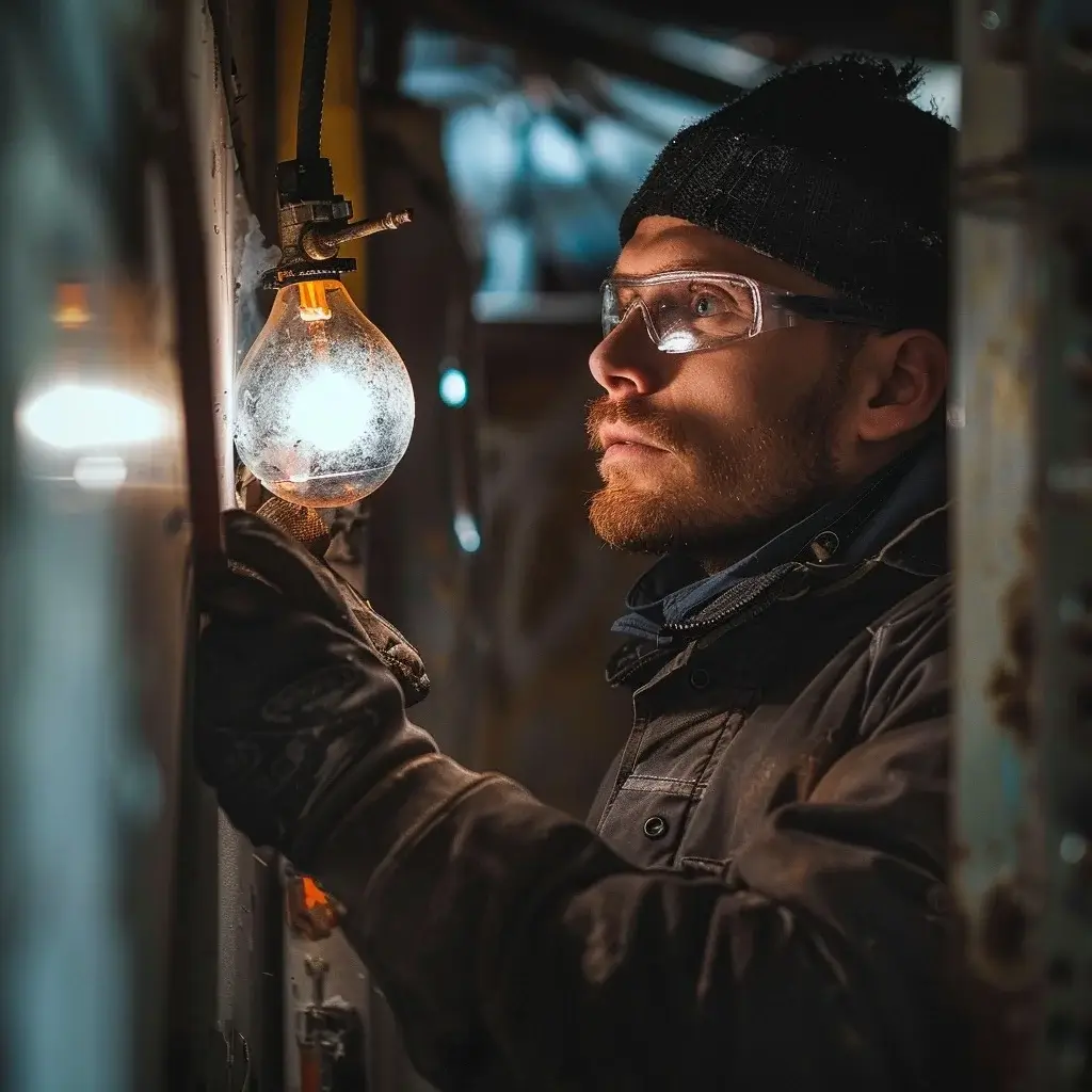 Elektriker mit Schutzhelm führt Lampenmontage durch