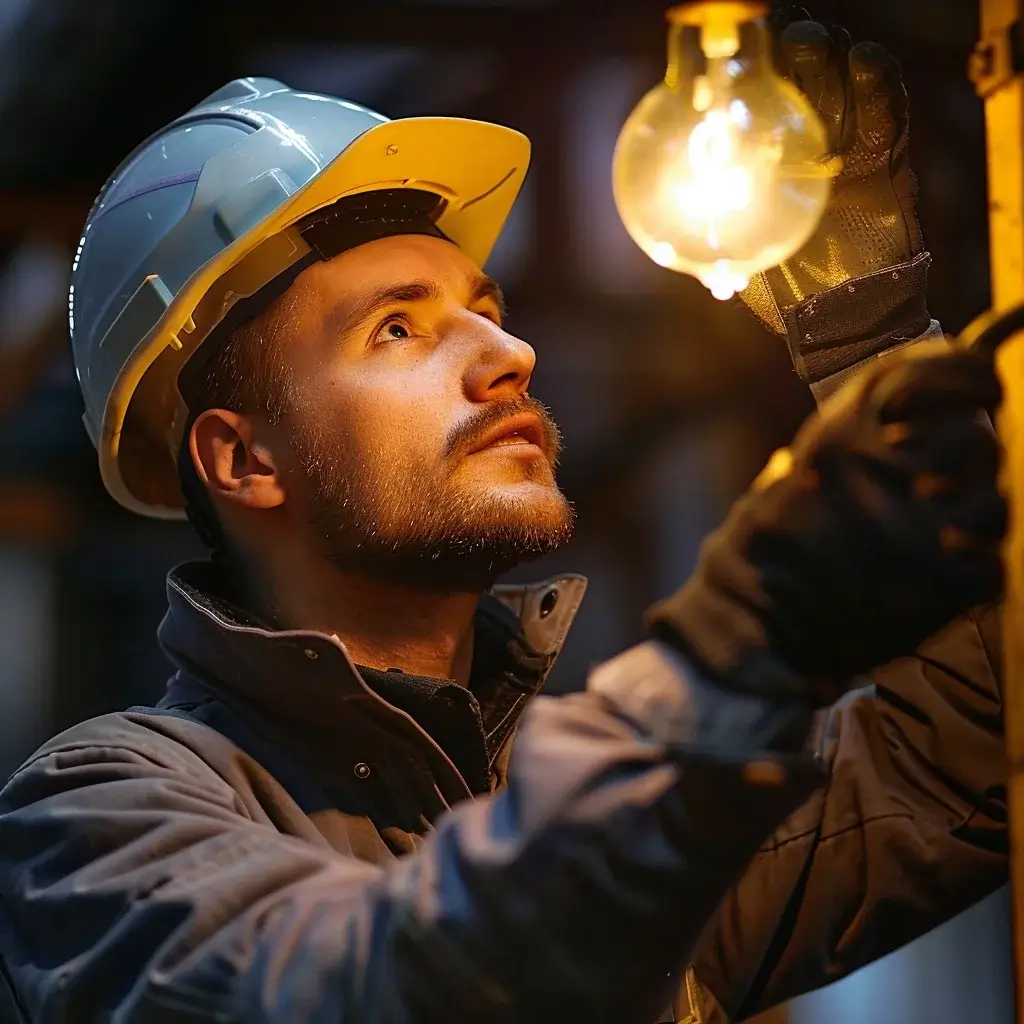 Elektriker mit Helm führt Lampenmontage durch